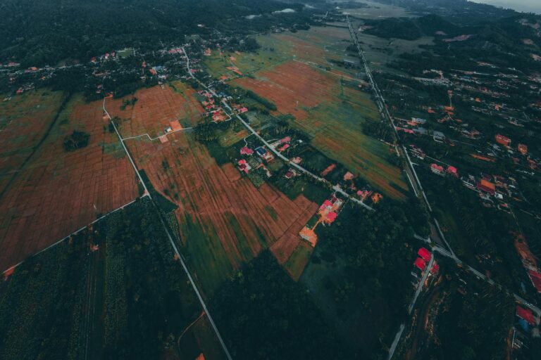 Scenic aerial view of rural farmland in Kuala Terengganu, Malaysia, showcasing fields and countryside houses.